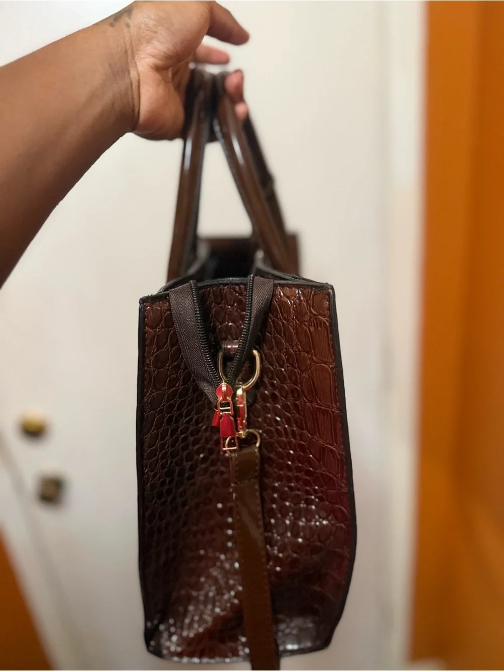 Classic Croc-Embossed Brown Top-Handle Tote